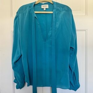 Joie Teal V-Neck Tie-Neck Blouse